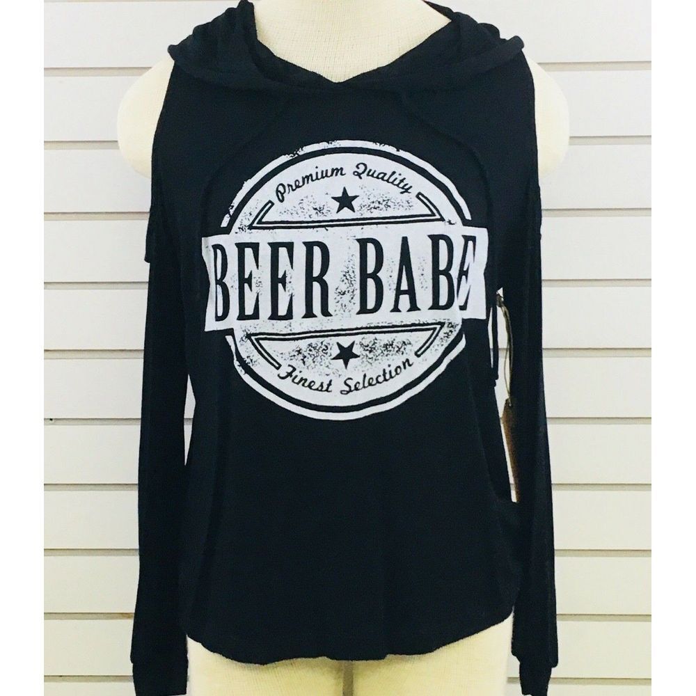 Womens XS Wanderlux Beer Babe Graphic Black Hooded Pullover Cold‎ Shoulder Hoody